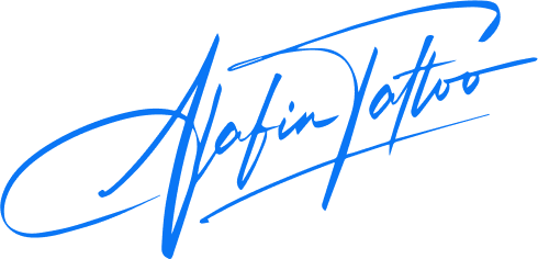 The words "Alafin Tattoo" are written in a flowing, bright blue script on a white background.