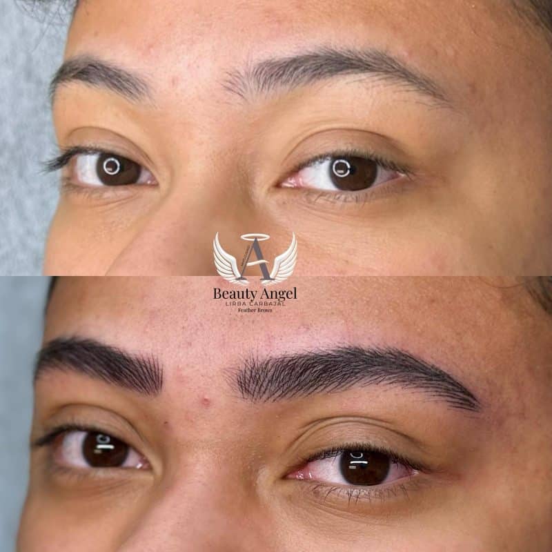 A split image shows a person's eyes and eyebrows before and after microblading, with "Beauty Angel" logo.