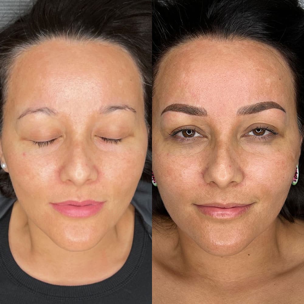 A split image shows a woman before and after microblading, with closed eyes on the left and open eyes on the right.