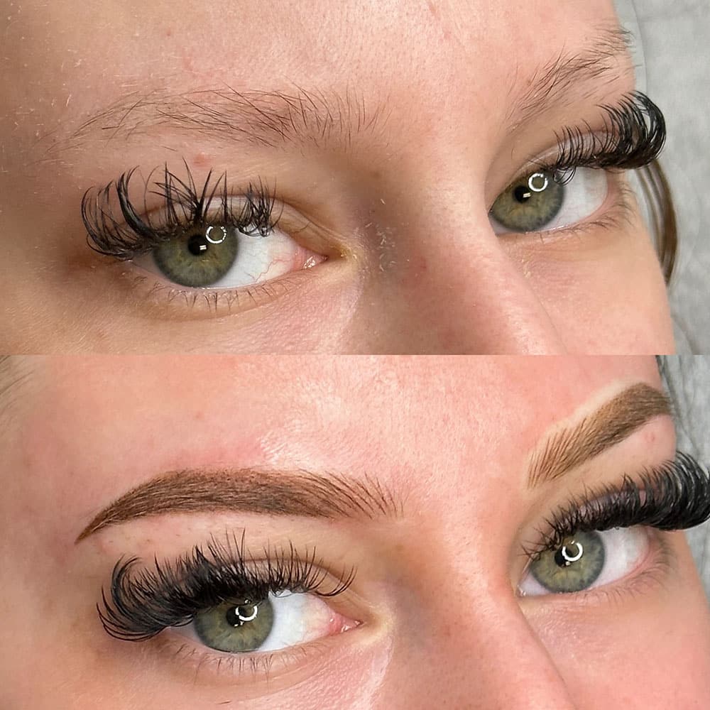 A woman's face with green eyes and dark eyelashes, showing natural eyebrows on top and filled-in brows below.