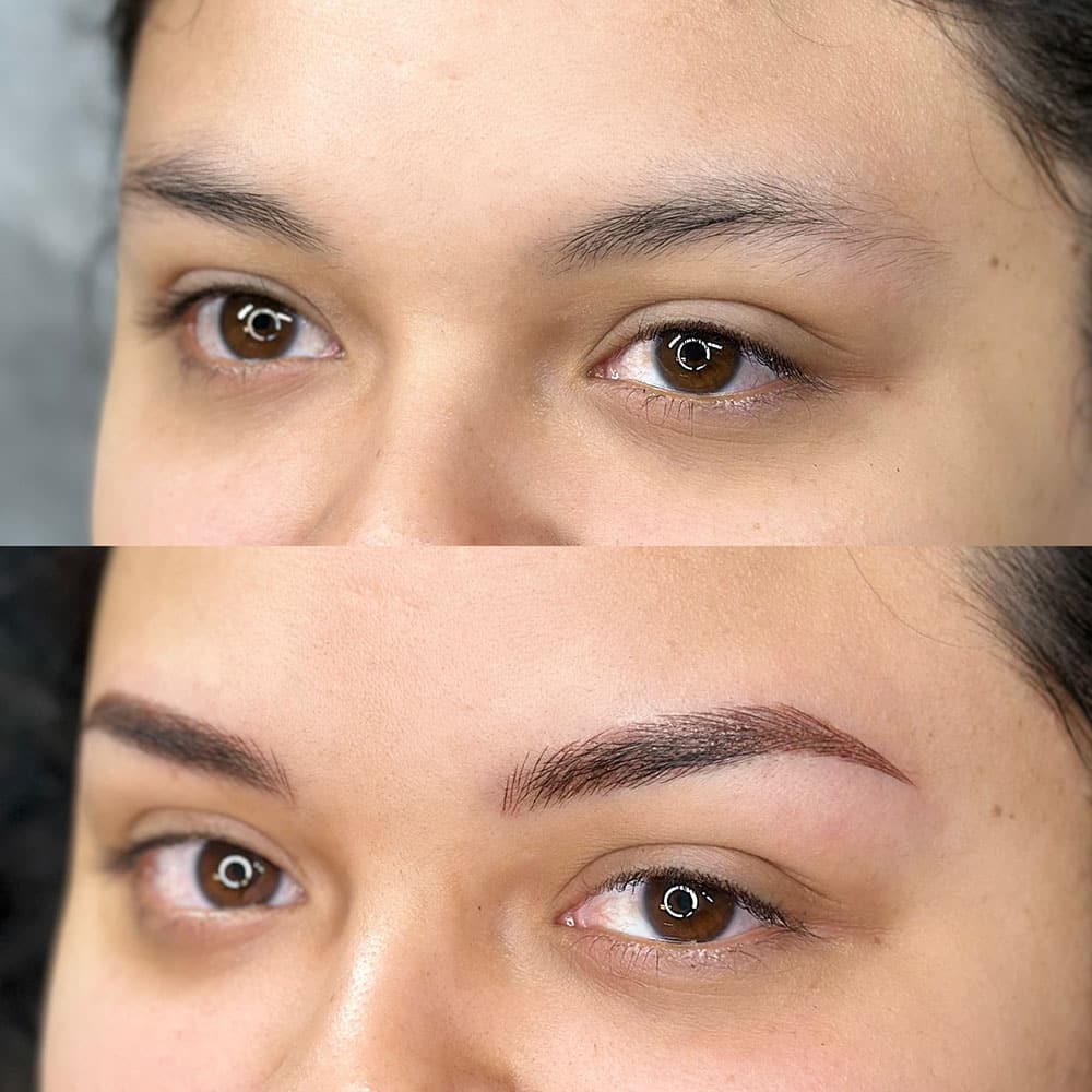 A woman's face, split horizontally, shows her natural eyebrows on top and microbladed eyebrows below.