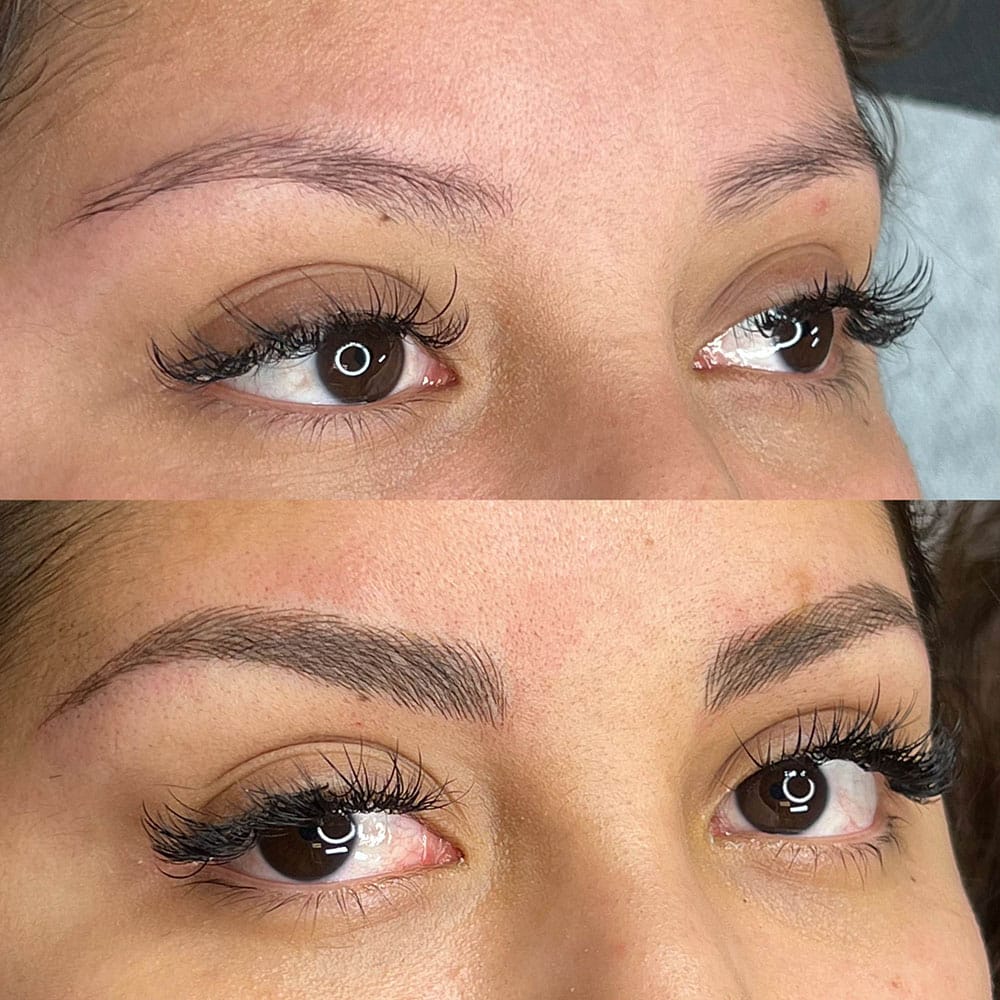 A split image shows a person's eyes and eyebrows before and after a microblading procedure.