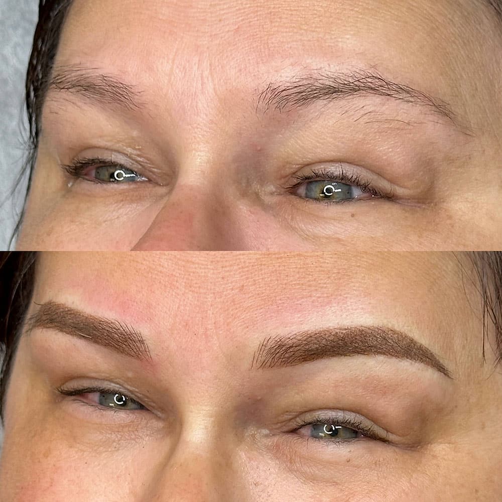 A woman's face shows before and after microblading, with sparse eyebrows above and fuller, defined eyebrows below.