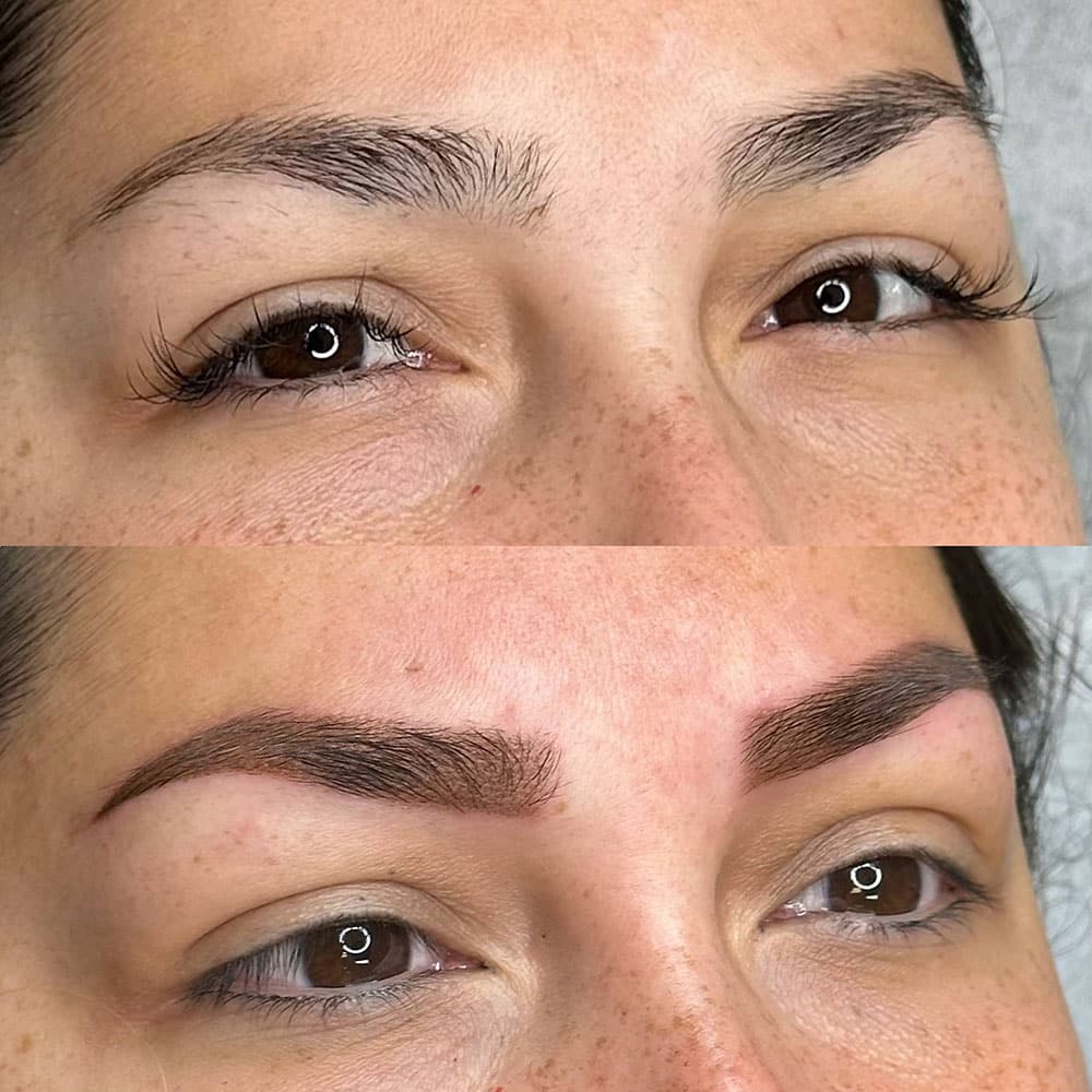A woman's face shows before and after eyebrow microblading, with fuller, darker brows in the bottom image.