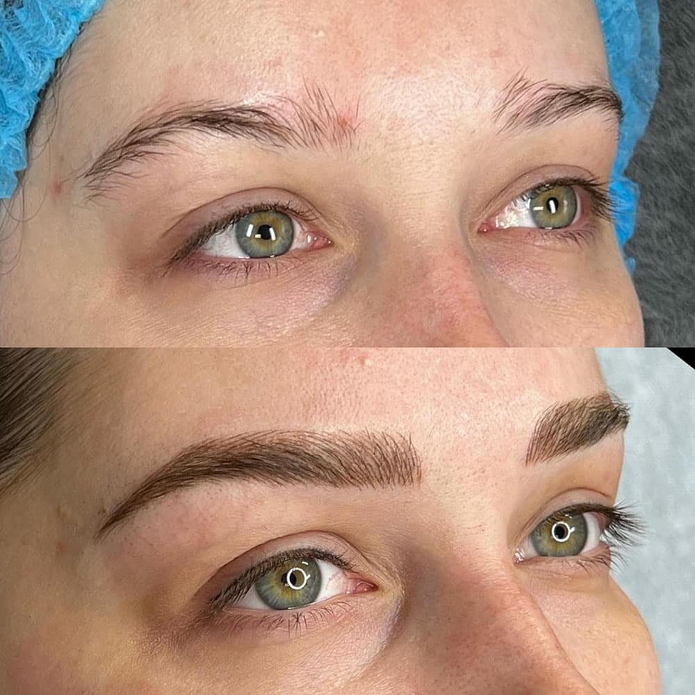 A woman's face shows before and after eyebrow microblading, with natural brows above and fuller, defined brows below.