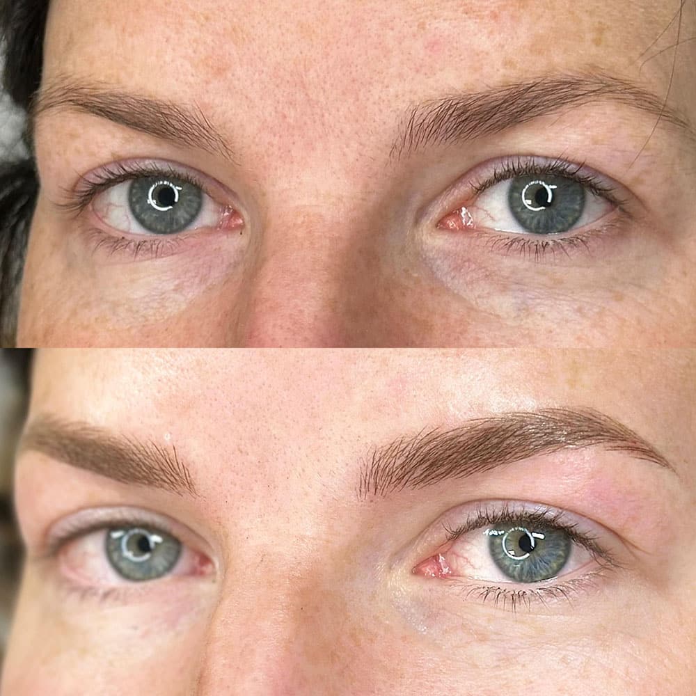 A woman's face, showing her eyes and nose, with natural eyebrows on top and microbladed brows below.