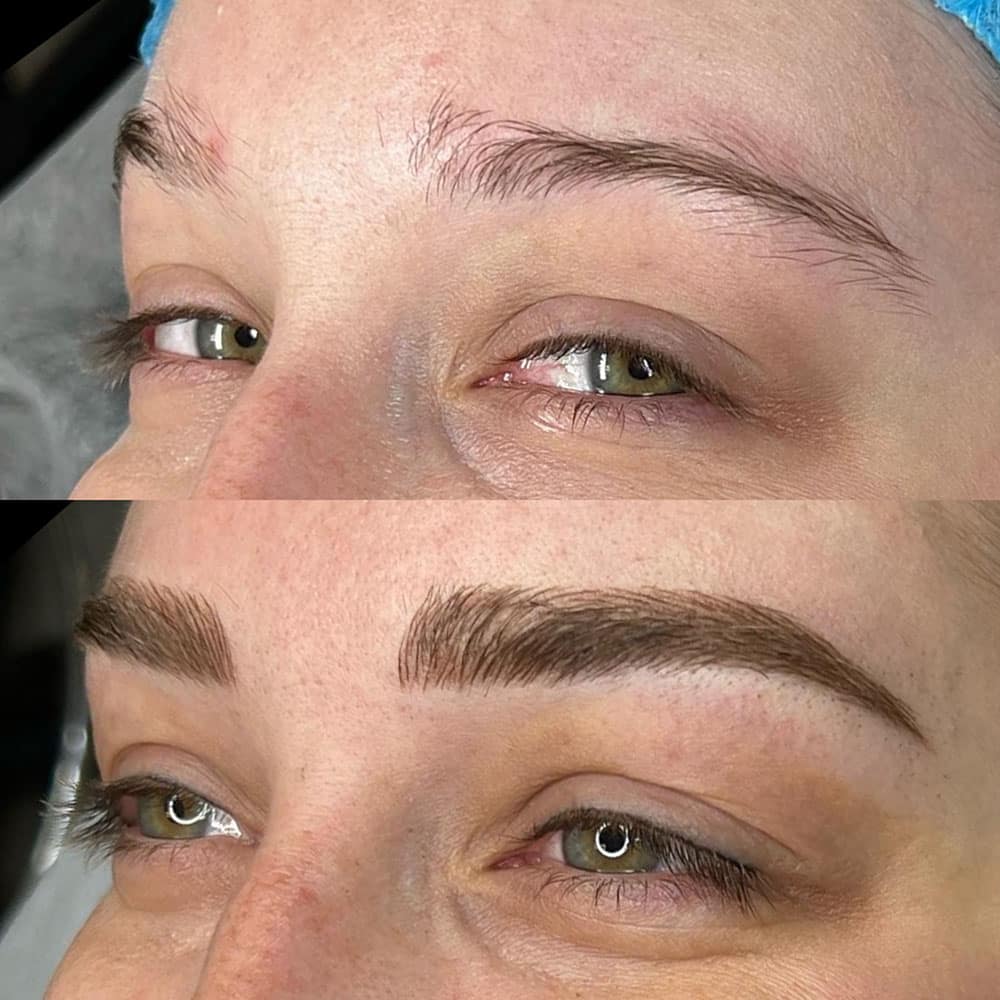 A split image shows a woman's eyes and eyebrows before and after microblading, with fuller brows below.