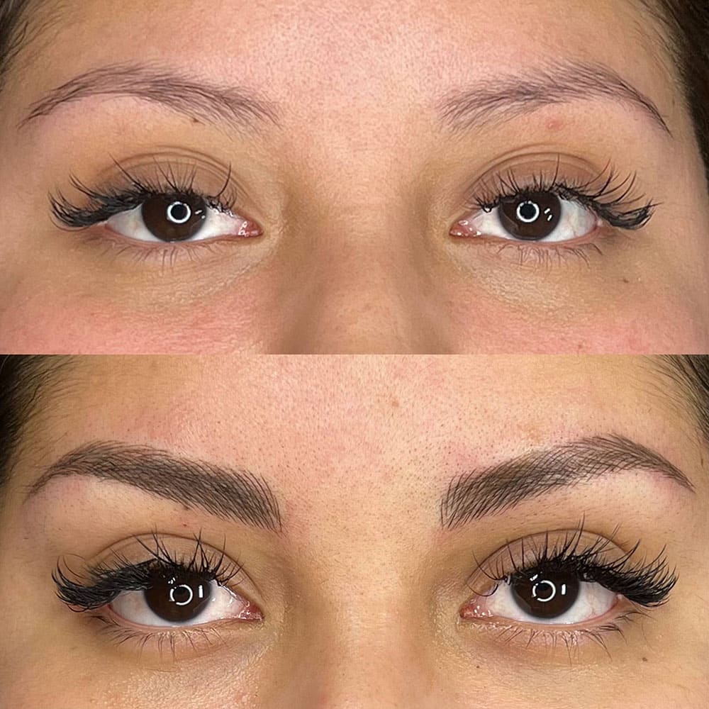 A split image shows a woman's eyes and brows before and after eyebrow microblading and eyelash extensions.