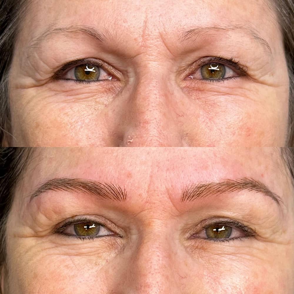 A woman's face shows sparse eyebrows at the top and fuller, microbladed eyebrows at the bottom.