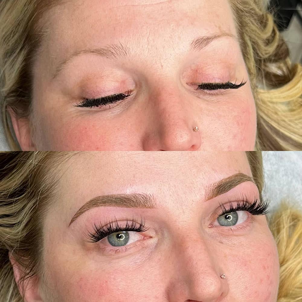 A split image shows a woman's face before and after eyebrow microblading and eyelash extensions.