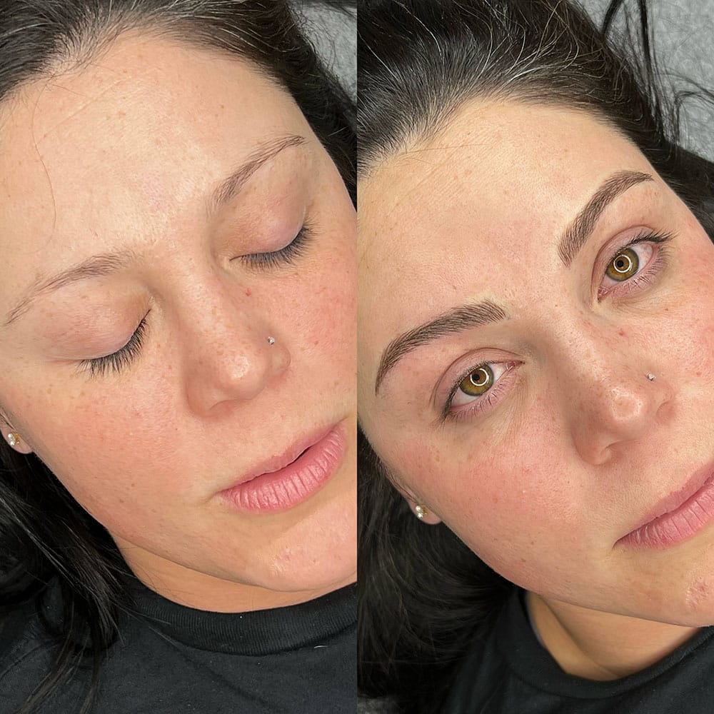 A woman's face, split down the middle, shows before and after eyebrow microblading.