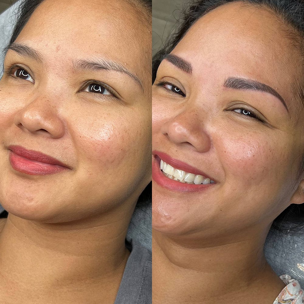 A split image shows a woman with light eyebrows on the left and darker, fuller eyebrows on the right.