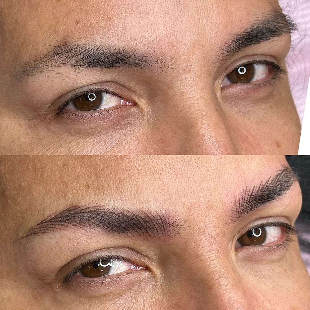 A person's face shows before and after microblading with thin eyebrows on top and fuller ones below.
