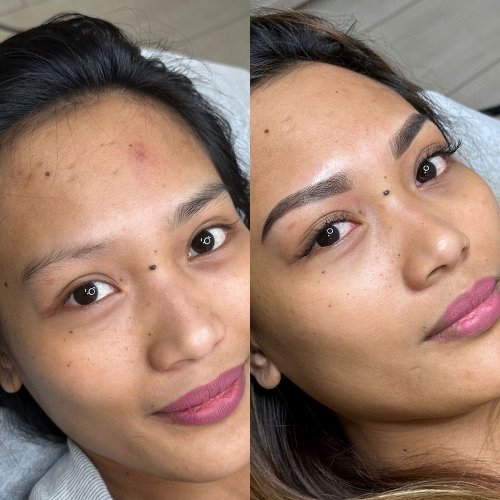 A split image shows a woman with natural eyebrows and minimal makeup on the left, and microbladed eyebrows with full makeup on the right.
