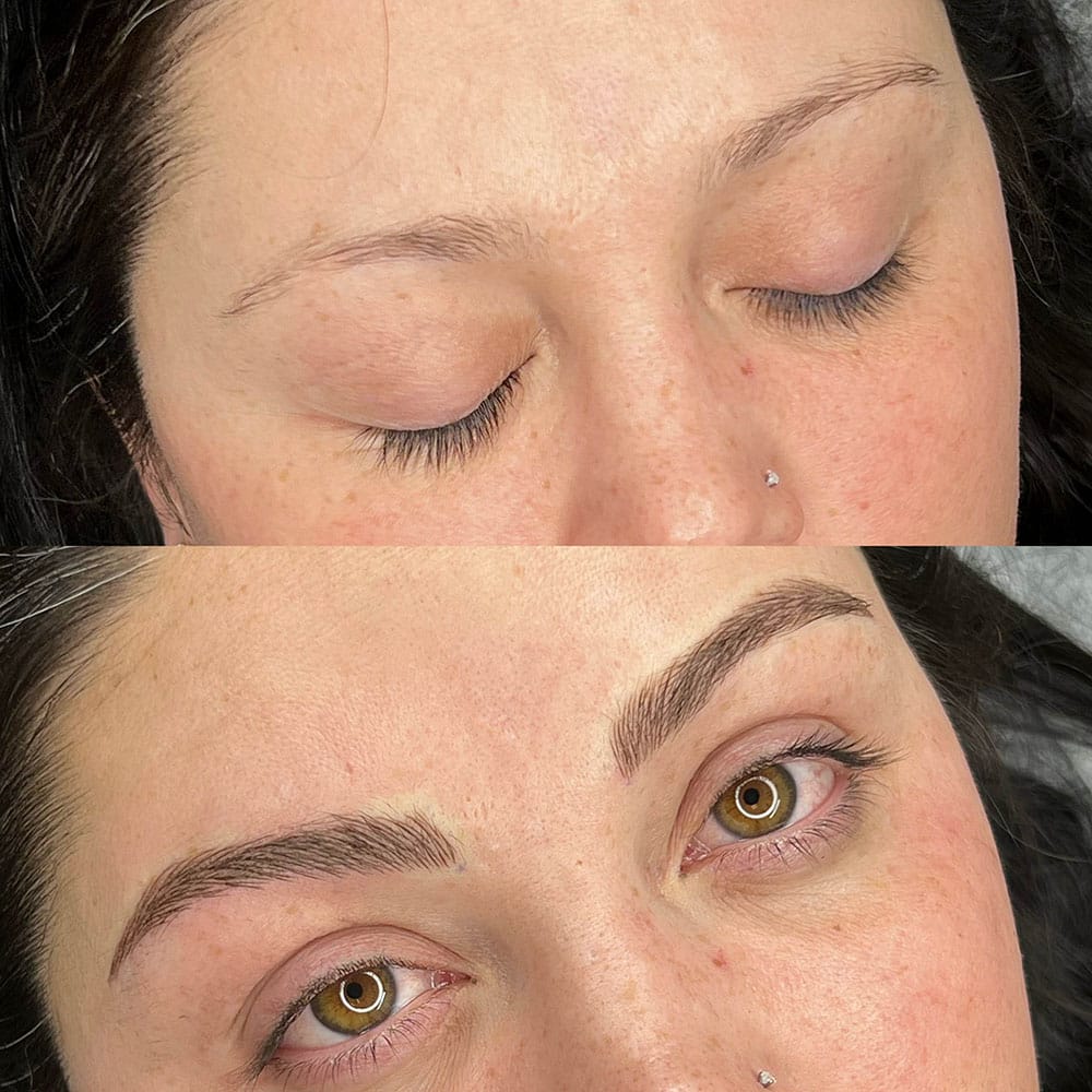 A split image shows a woman's face before and after eyebrow microblading, with eyes closed then open.