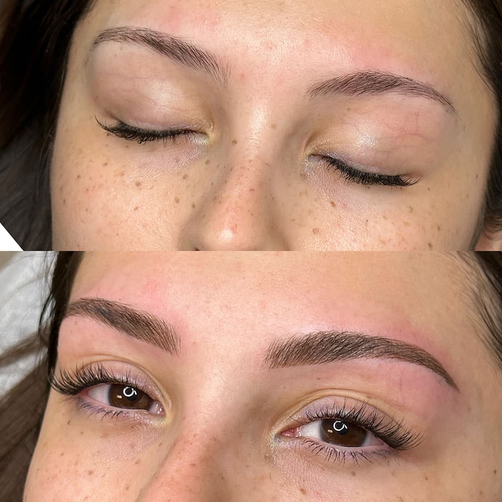 A woman's face shows before and after eyebrow microblading, with closed eyes in the top image and open eyes with long lashes in the bottom.
