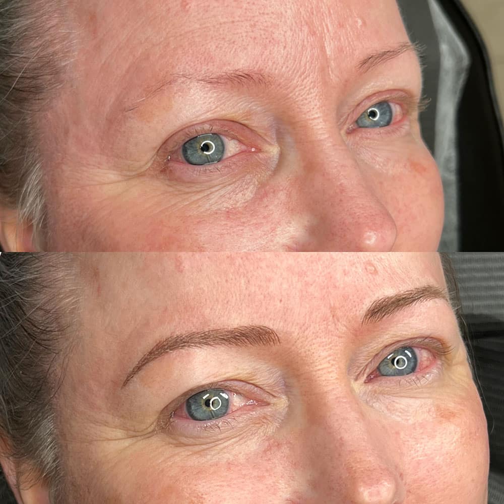 A woman's face, before and after eyebrow microblading, shows sparse brows then defined, fuller brows.