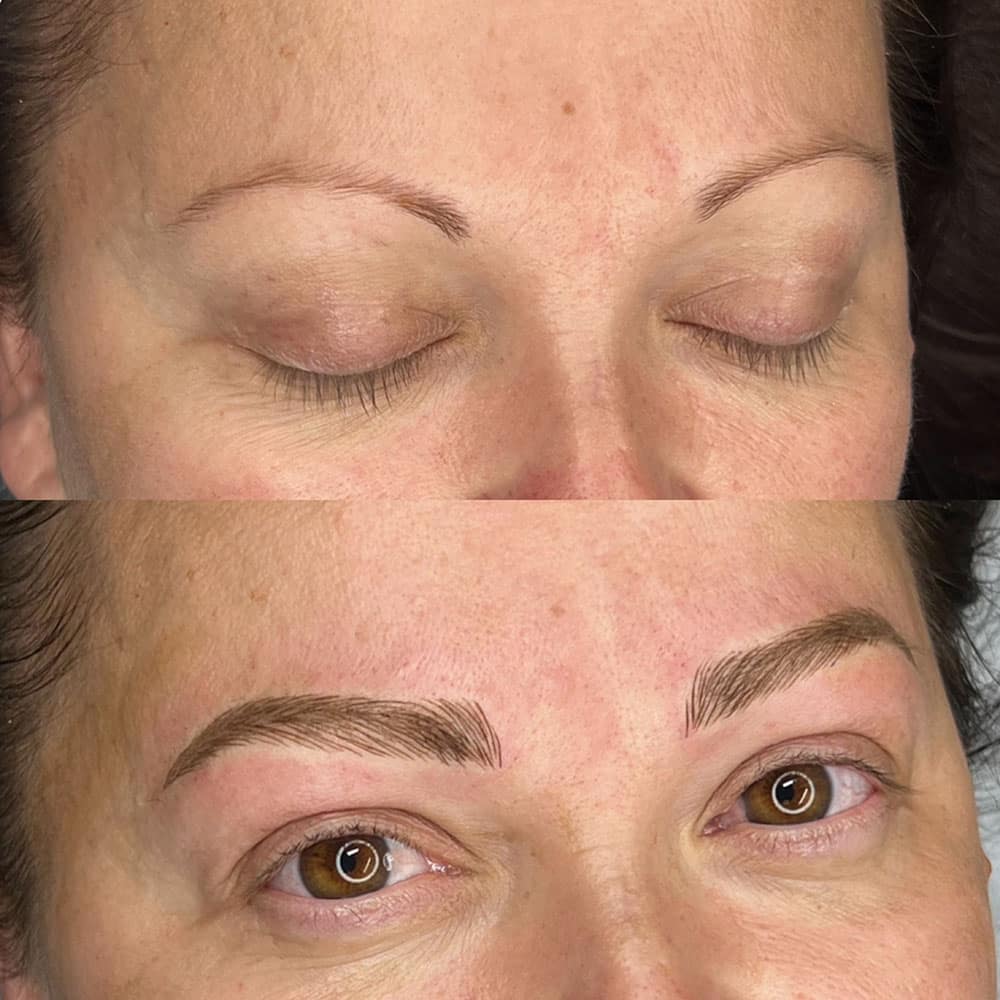A woman's face shows before and after microblading, with thin brows at the top and fuller brows below.