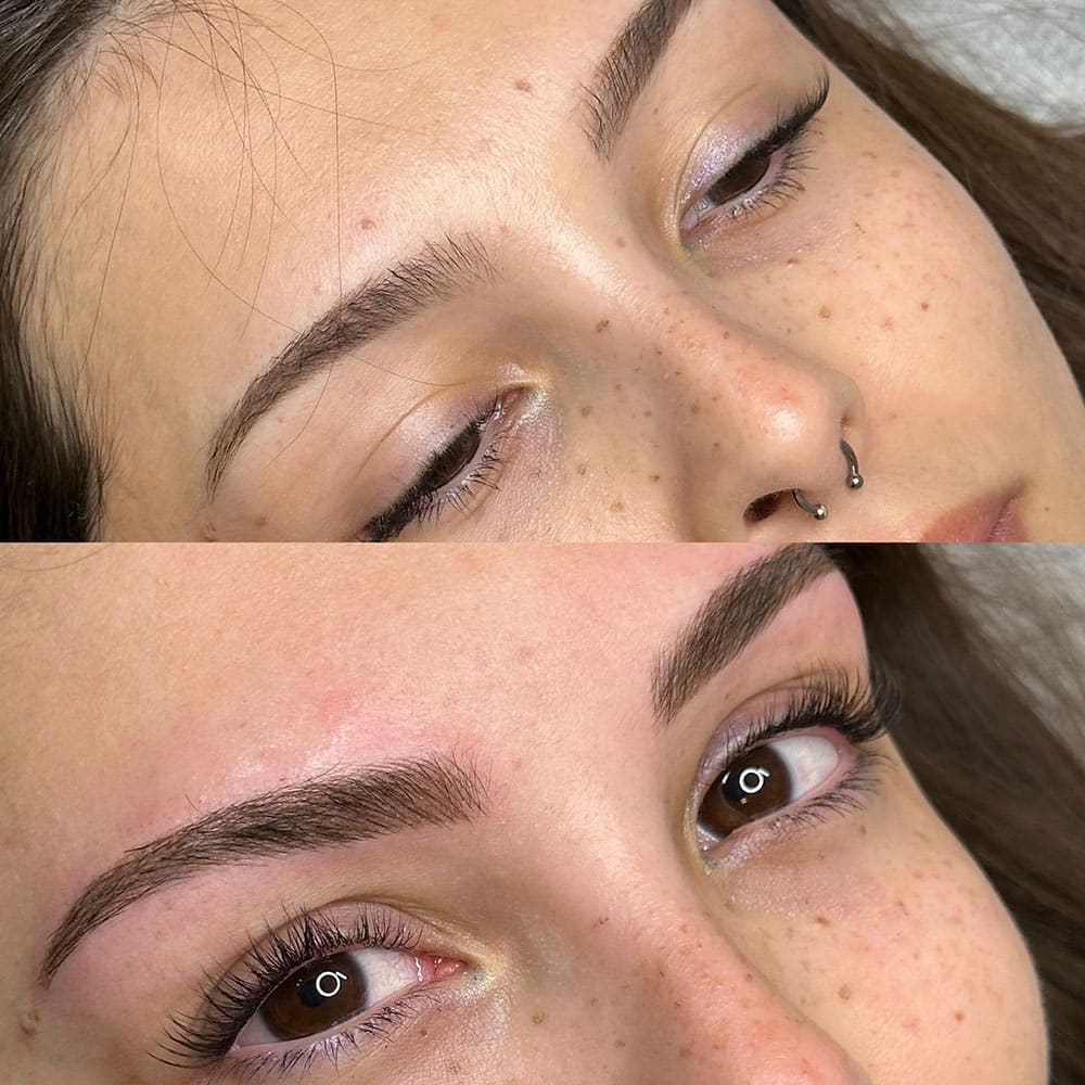 A split image shows a woman's face with closed eyes and a nose ring, before and after eyebrow microblading.