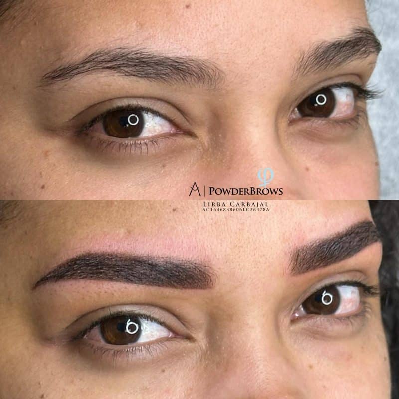 A woman's eyes are shown before and after eyebrow microblading, with "POWDERBROWS" text.